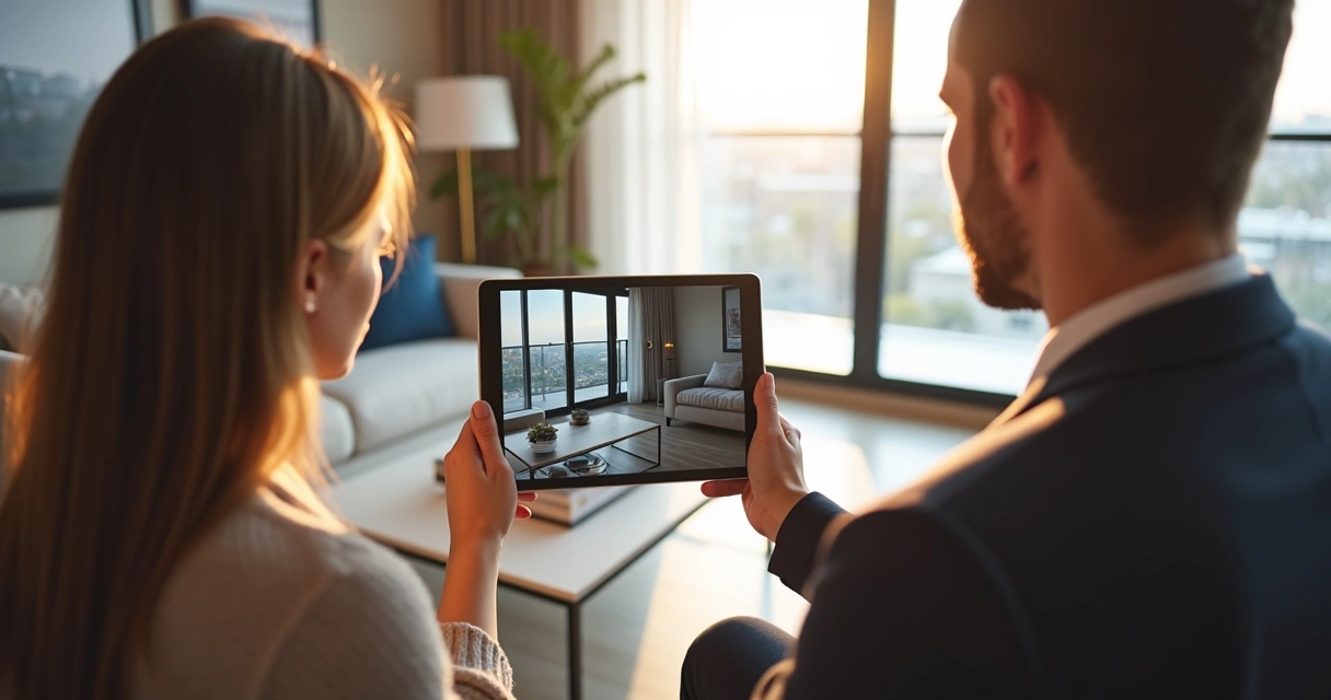 Corretor mostrando imóvel através de um vídeo em tablet 