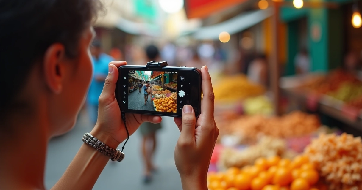 Turista gravando vídeo mostrando comida típica em feira local 