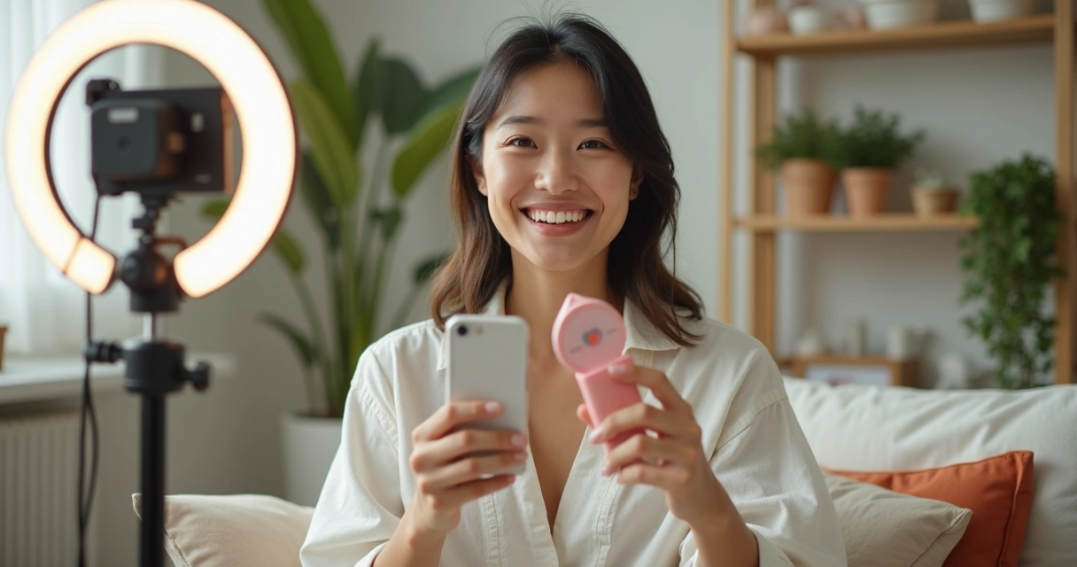Pessoa jovem mostrando produtos de cuidado facial diante de um ring light 