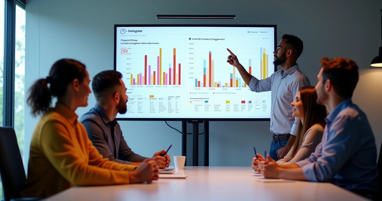Equipe analisa métricas de engajamento de vídeo longo no Instagram em tela grande 