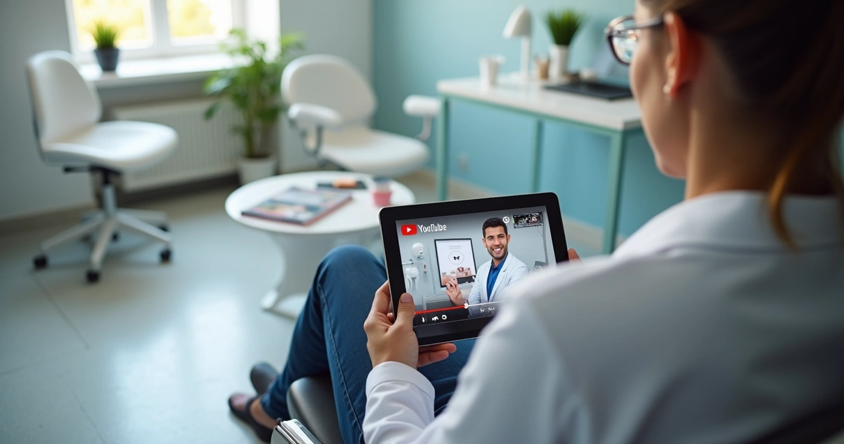 Vídeo educativo de dentista sendo assistido em tablet por paciente.
