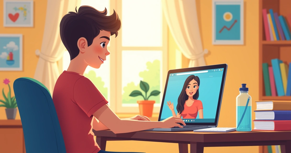 Jovem estudando com notebook assistindo videoaula em quarto organizado