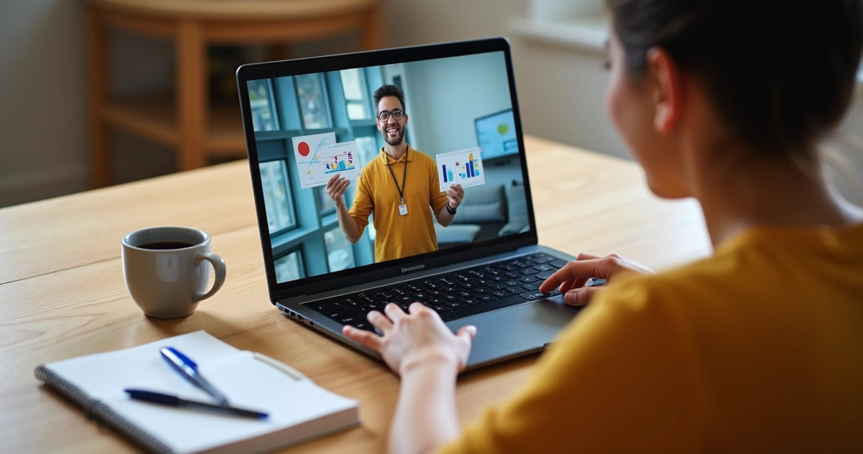 Pessoa assistindo videoaula em notebook com caderno e caneta ao lado 