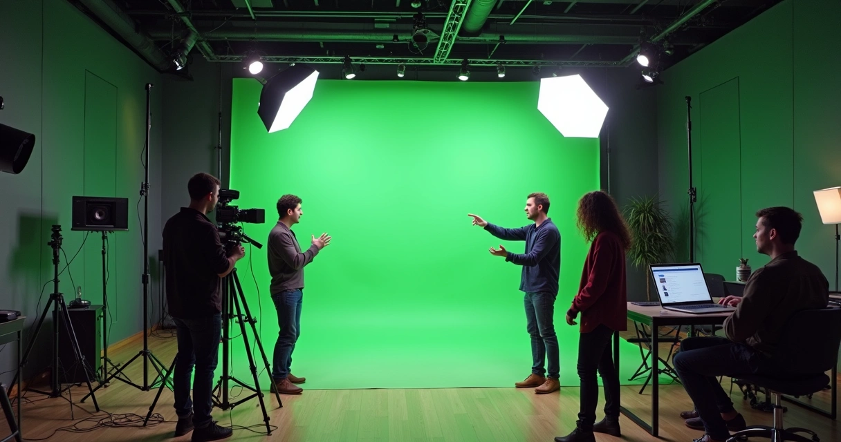 Equipe gravando e editando videoaula em estúdio com iluminação profissional e fundo verde