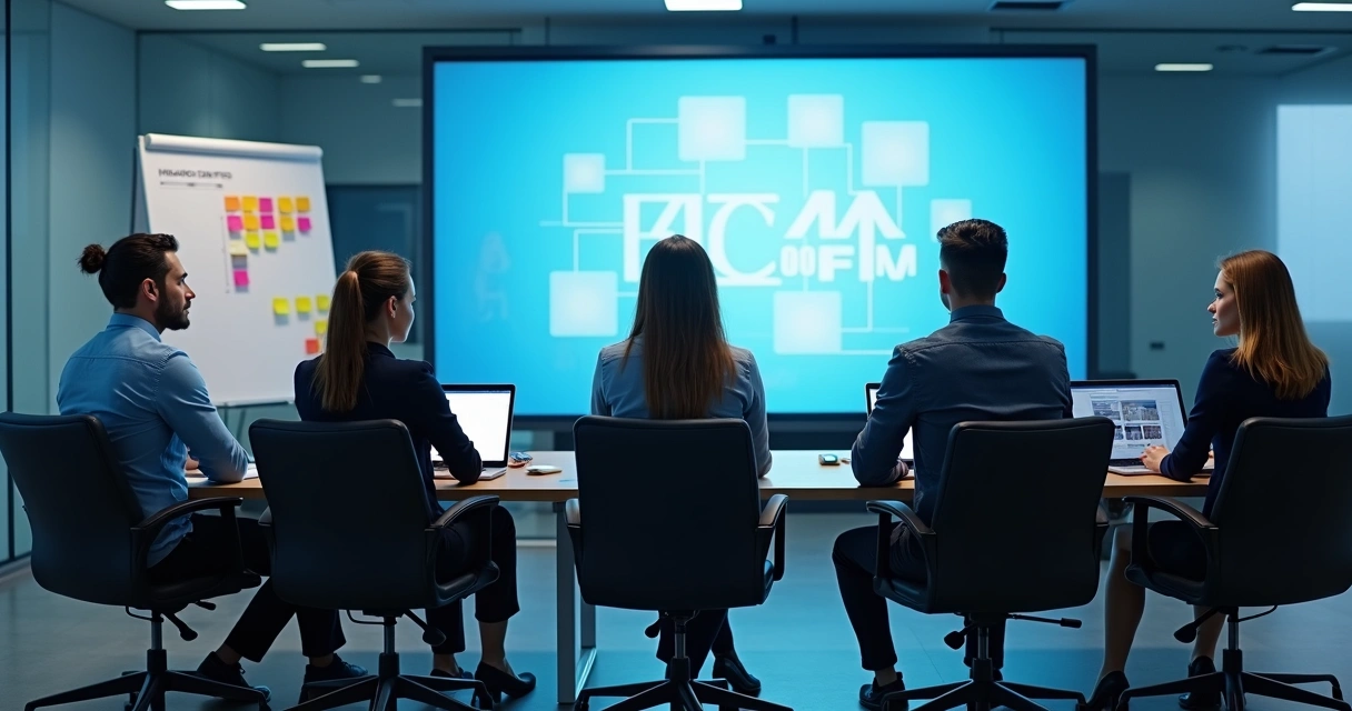 Colaboradores assistindo videoaula em escritório moderno 