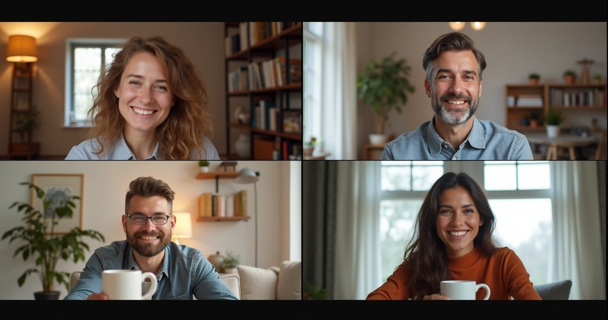 Quatro pessoas em uma chamada de vídeo em telas separadas, sorrindo e conversando. 