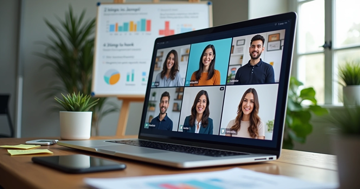 Equipe remota em videochamada alinhando objetivos com quadro de OKRs ao fundo 