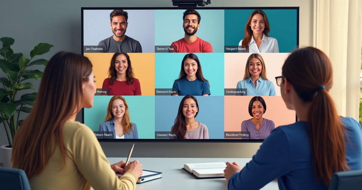 Mentores e mentorados em videochamada em ambiente virtual personalizado 