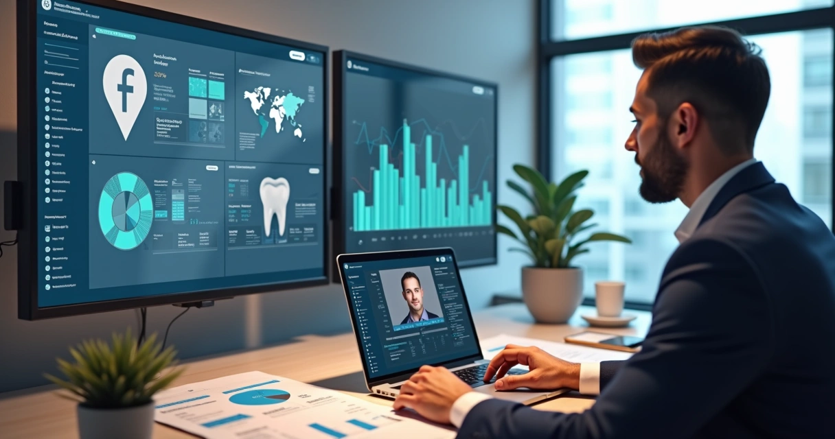 Profissional de marketing explicando estratégias odontológicas em videochamada com gráficos de resultados e telas de redes sociais no fundo 