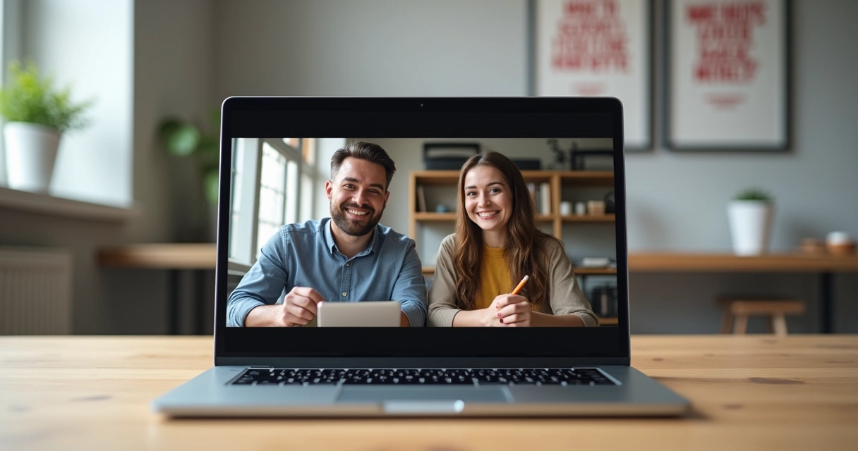 Videochamada acontecendo em um notebook entre mentor e mentorado, ambos sorrindo