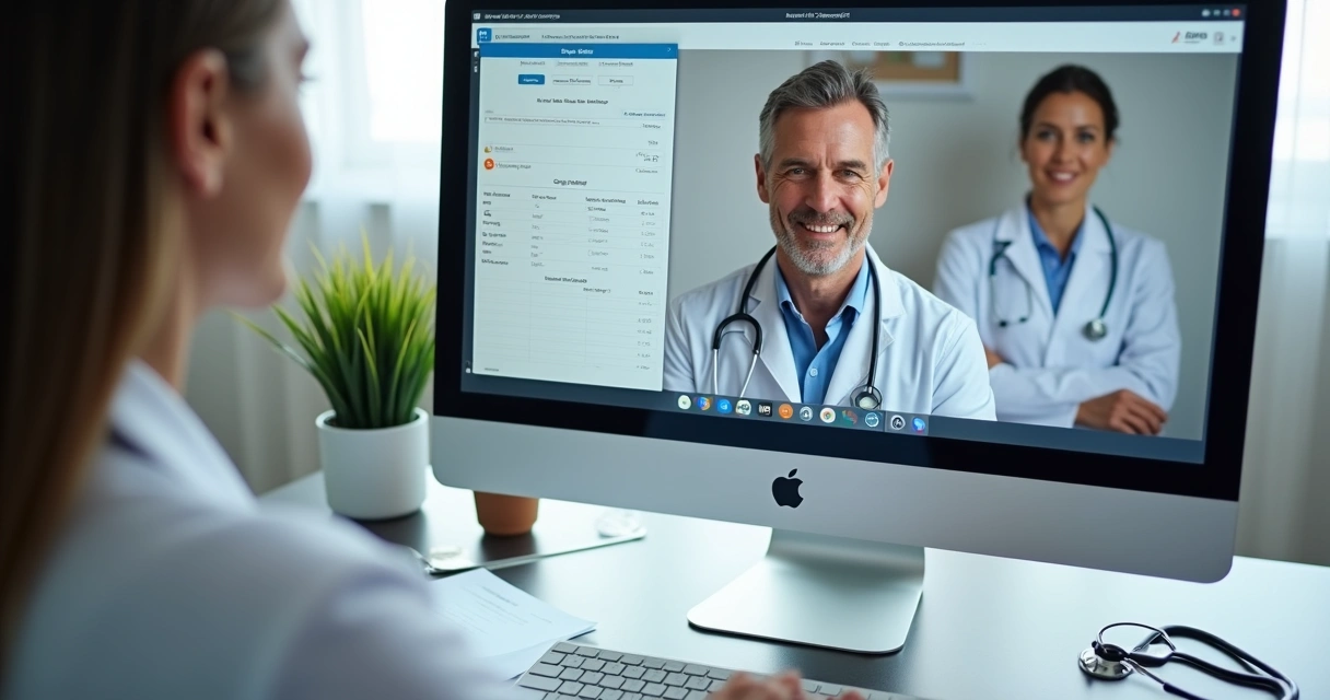 Tela de computador com prontuário eletrônico aberto e chamada de vídeo em andamento entre médico e paciente.