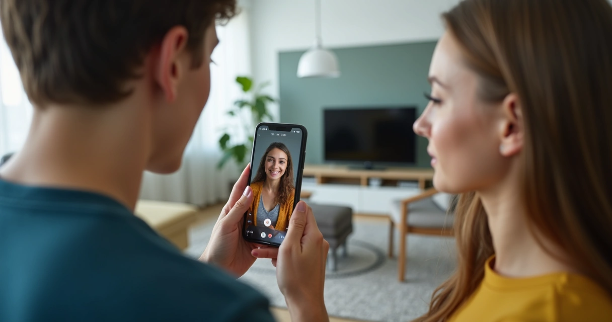 Videochamada de visita online mostrando dois jovens conversando com fundo de apartamento 