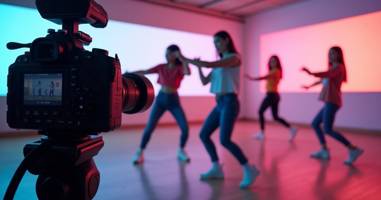Cámara grabando grupo bailando coreografía musical pop 