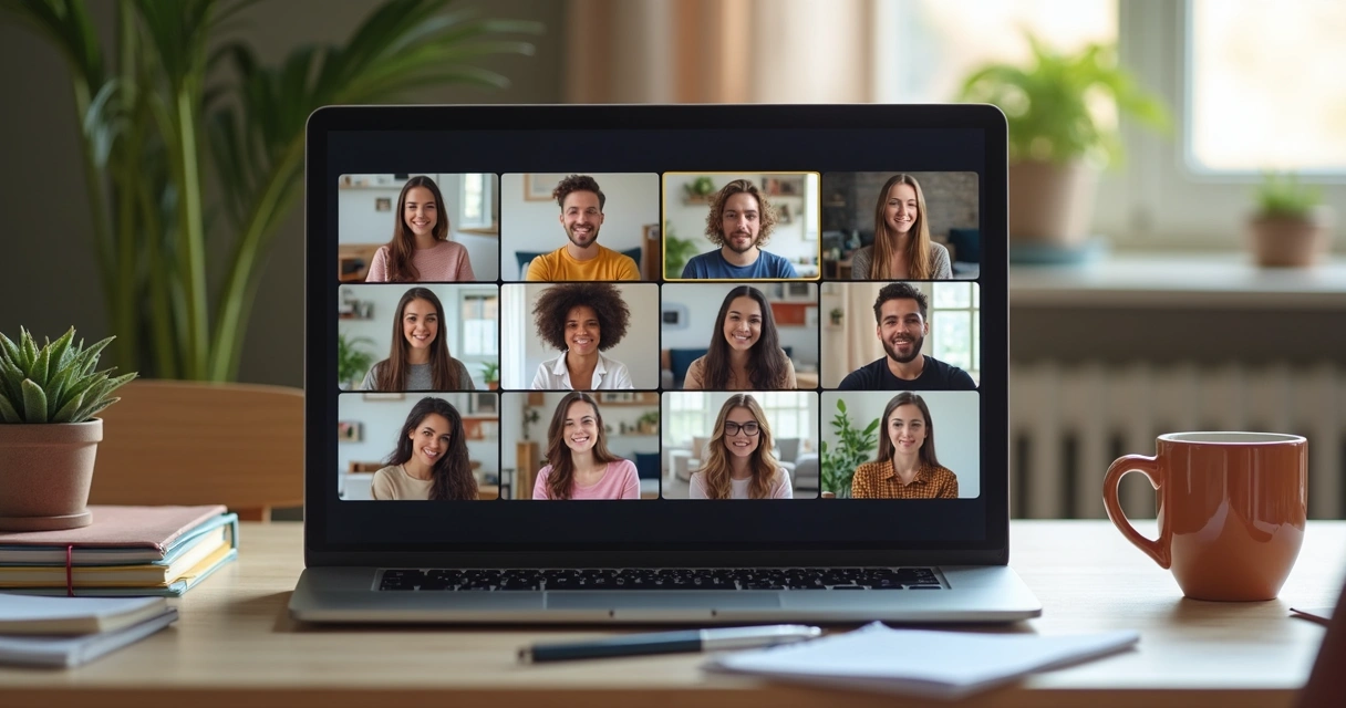 Grupo de amigos conversando em videoconferência pelo notebook.