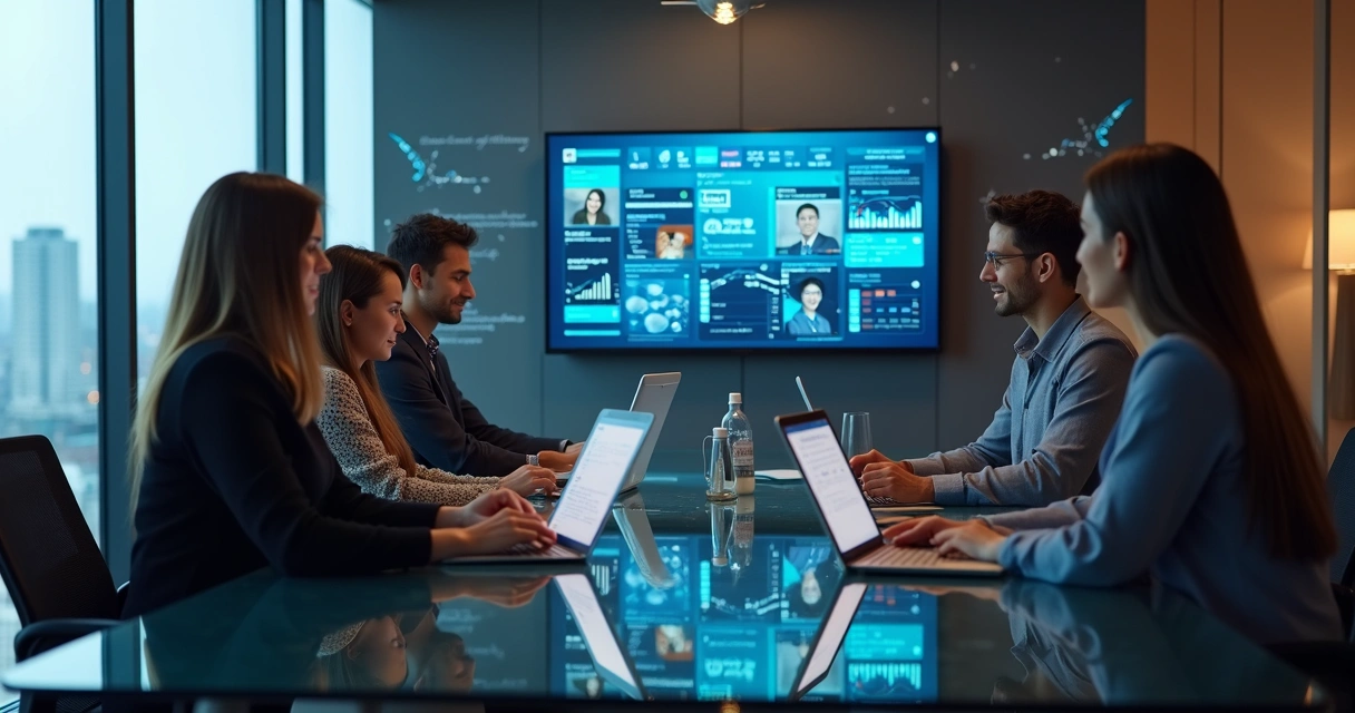 Colegas participando de uma videoconferência no escritório moderno 