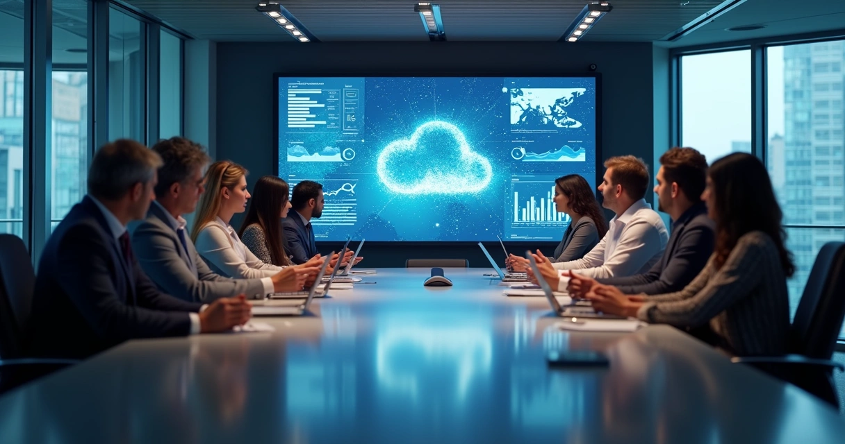 Equipe empresarial em videoconferência com computadores e gráficos de nuvem ao fundo 