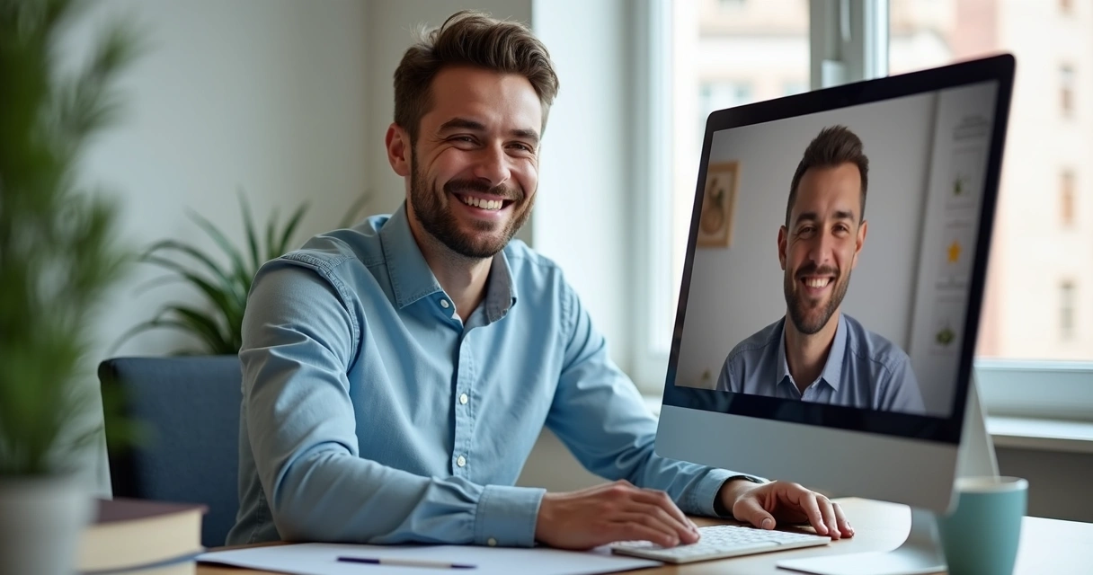 Candidato sorrindo em entrevista por videoconferência em ambiente claro