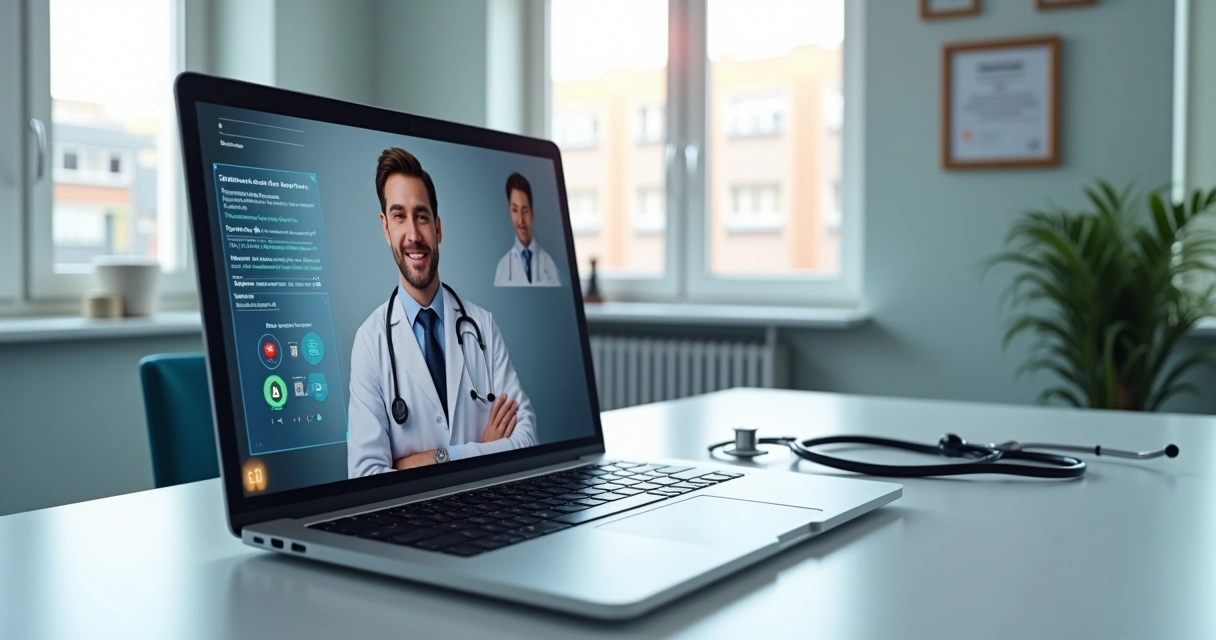 Tela de videoconferência médica em um notebook em consultório com gráficos de segurança na lateral