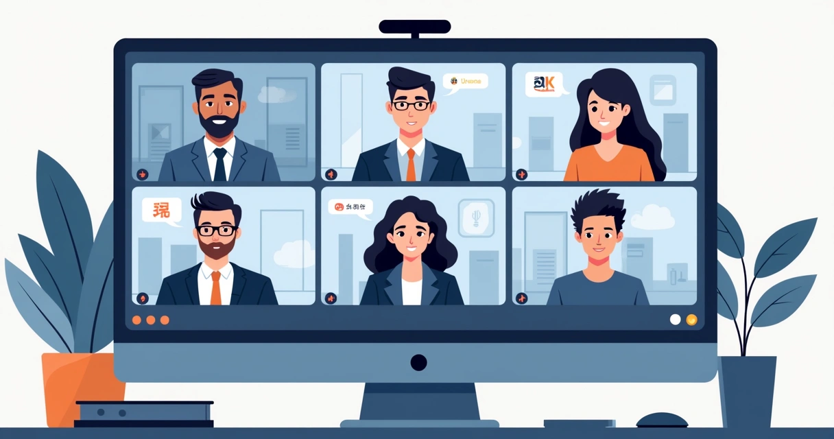 Videoconferência internacional com tela dividida em diversas pessoas de diferentes países conversando e intérprete em destaque 