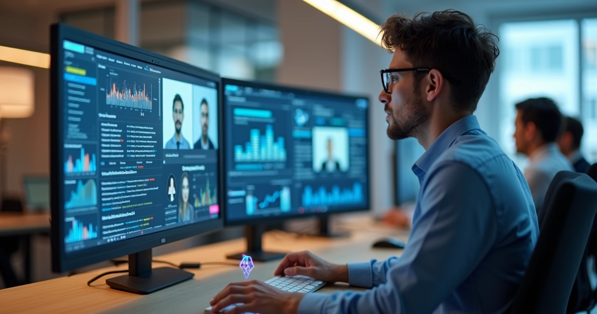 Profissional participando de videoconferência em ambiente de trabalho moderno 