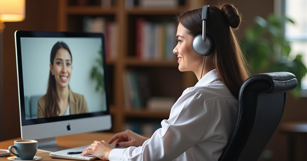 Psicóloga em videoconferência com paciente em tela de computador