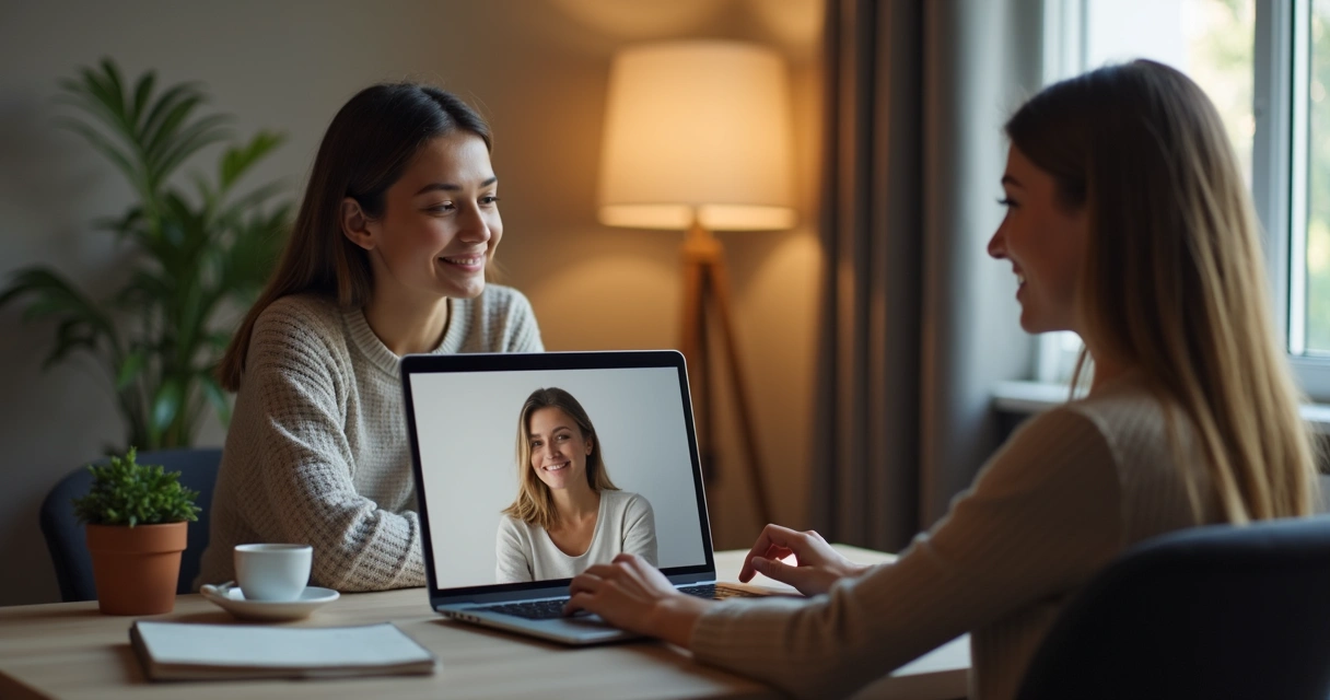 Dos personas conversan por videollamada en un entorno cálido y ordenado