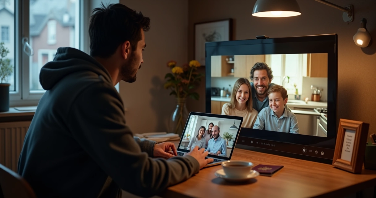Videollamada familiar entre dos hogares separados por distancia