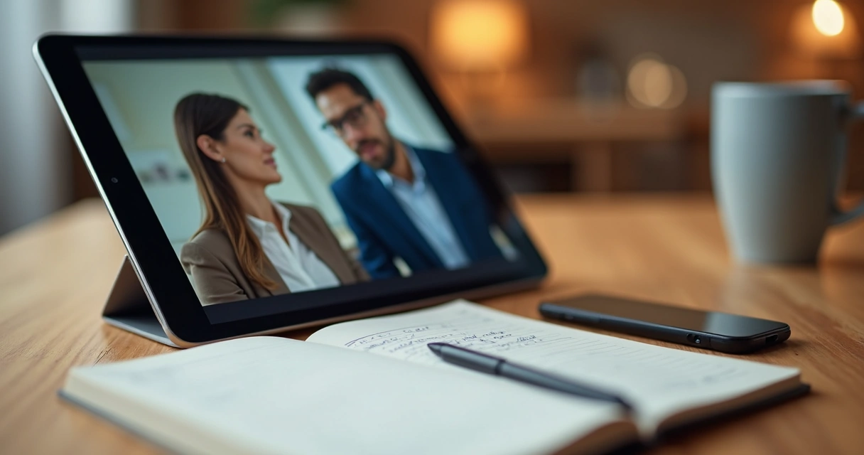 Pantalla con videollamada y libreta de notas sobre una mesa