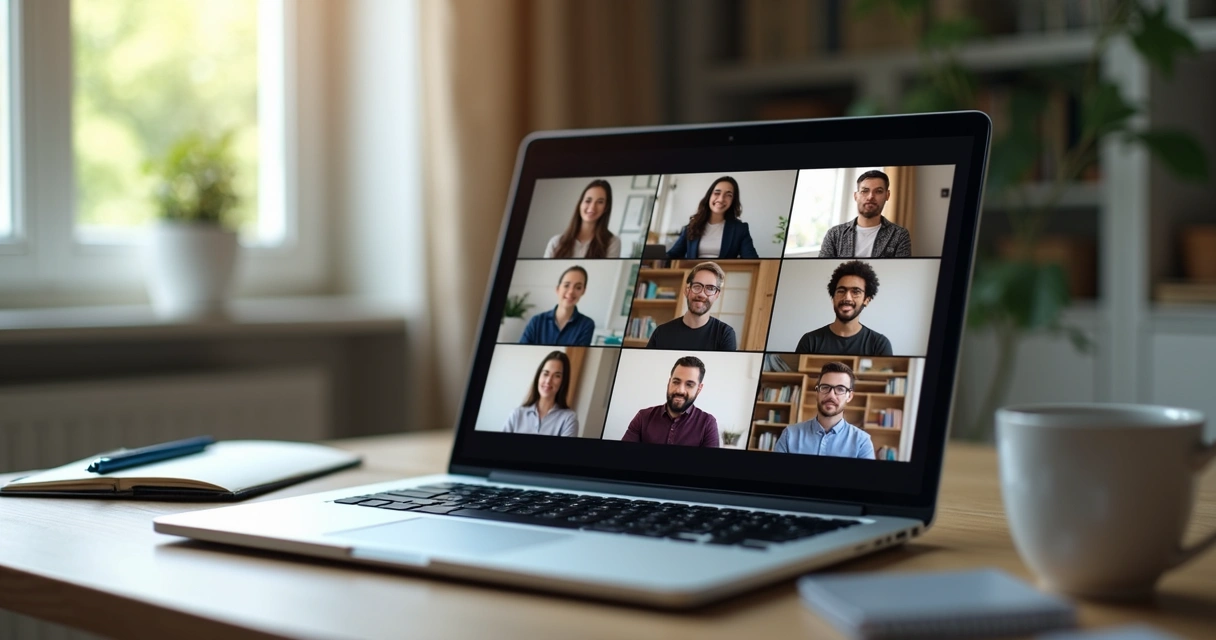Videollamada de trabajo con participantes atentos y enfocados