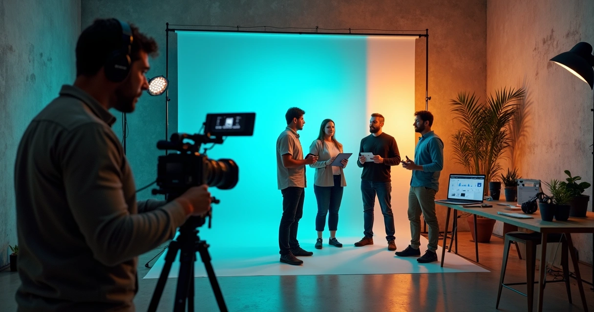 Videomaker gravando vídeo corporativo para equipe de negócios em estúdio moderno 