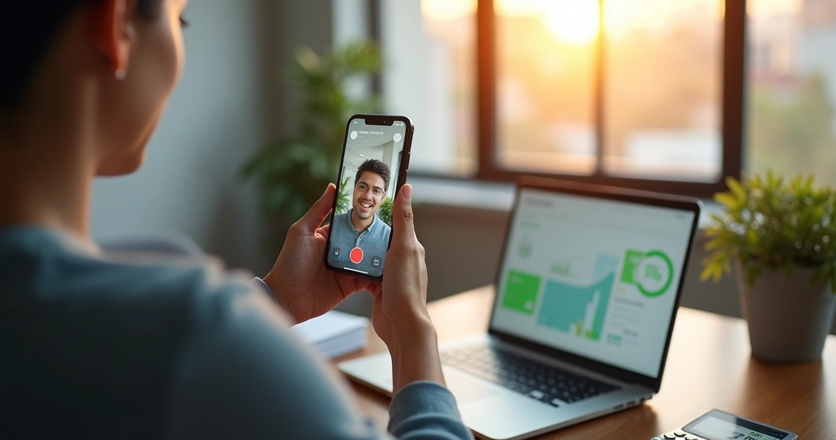 Empreendedor grava vídeo curto sobre BPO financeiro com dados em segundo plano 