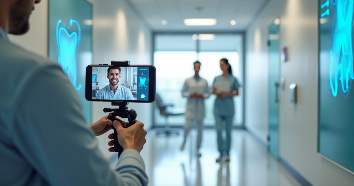 Dentista gravando vídeo curto vertical com equipe em clínica moderna 