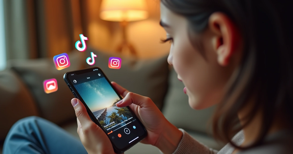 Jovem olhando cortes de podcast no celular com ícones de redes sociais ao redor