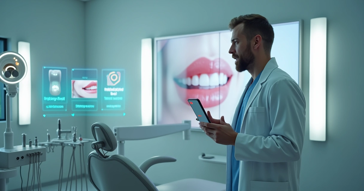 Painel com gravações de vídeos curtos de odontologia em consultório moderno 