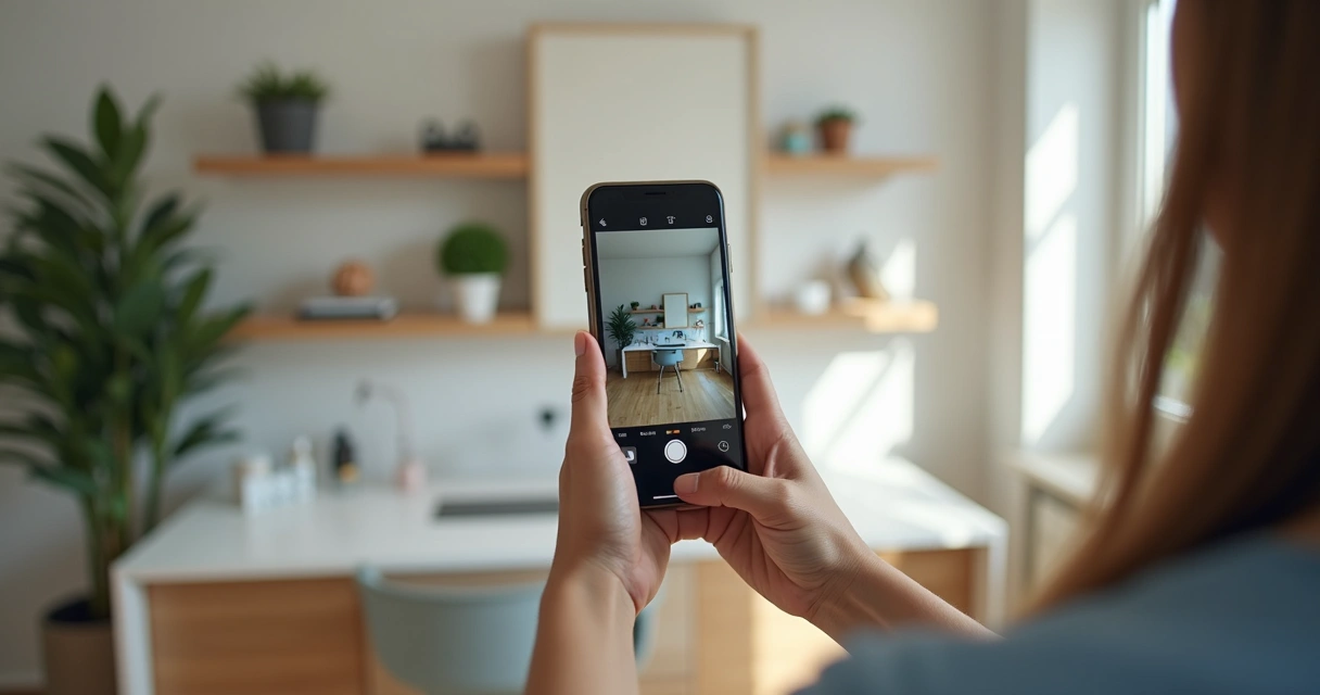 Pessoa gravando vídeo curto com smartphone em um ambiente iluminado 