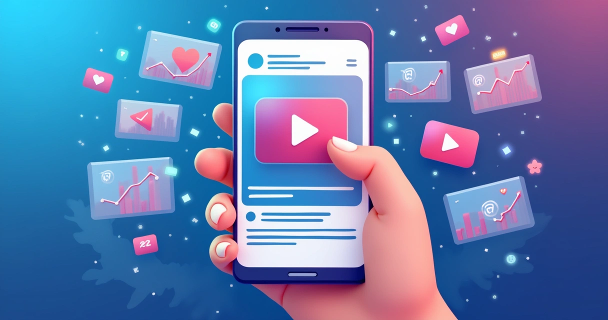 Vídeos curtos com dados de engajamento em uma tela de celular 