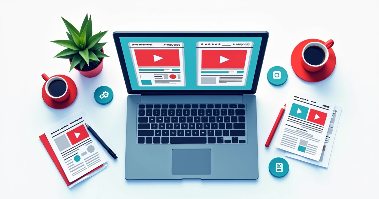 Computador aberto com tela dividida entre design digital de vídeos e templates de campanha, objetos e paleta política ao redor. 