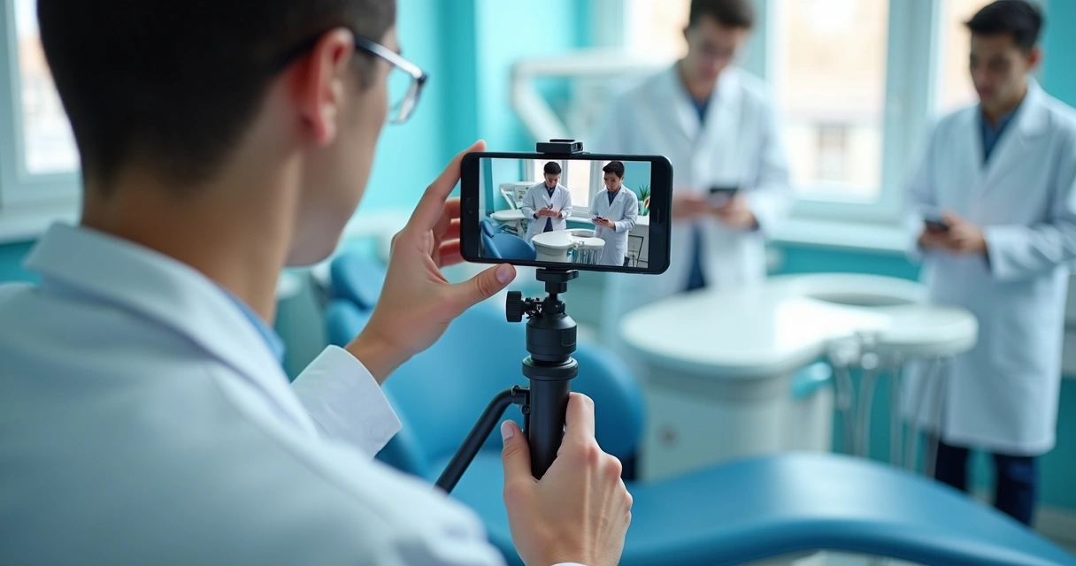 Dentista grava vídeo educativo na clínica 