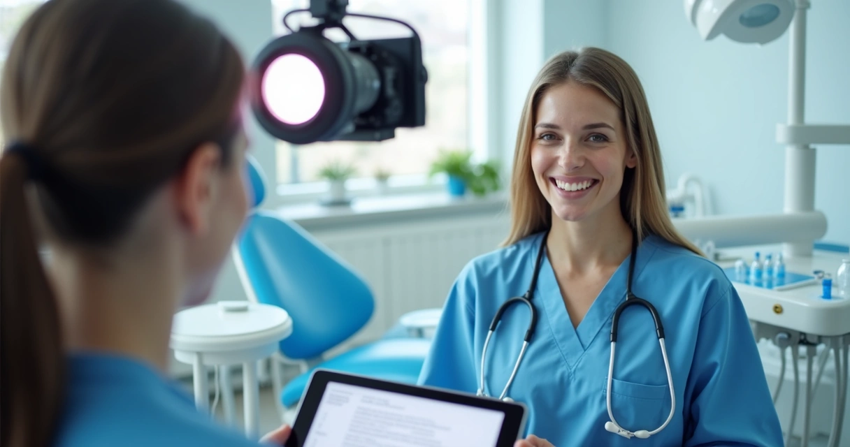 Pessoa gravando vídeo educativo sobre saúde bucal em ambiente de consultório