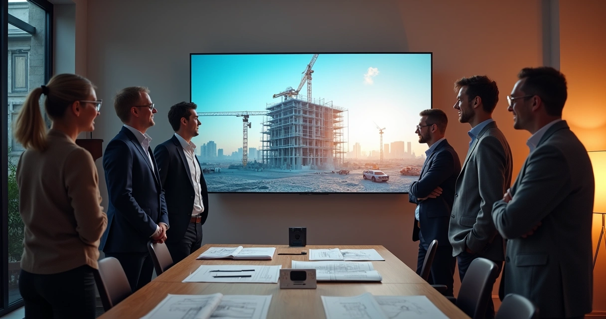 Equipe reunida assistindo vídeo time-lapse de obra em tela grande, reação positiva. 