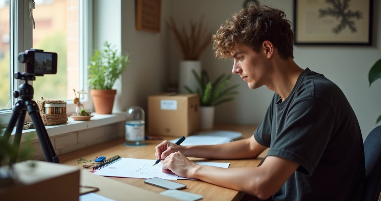 Pessoa preparando pedido para envio em vídeo, cenário autêntico e descontraído. 