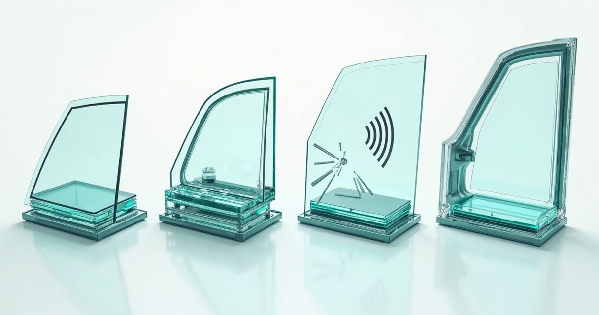 Tipos de vidro automotivo em um painel com exemplos visuais 