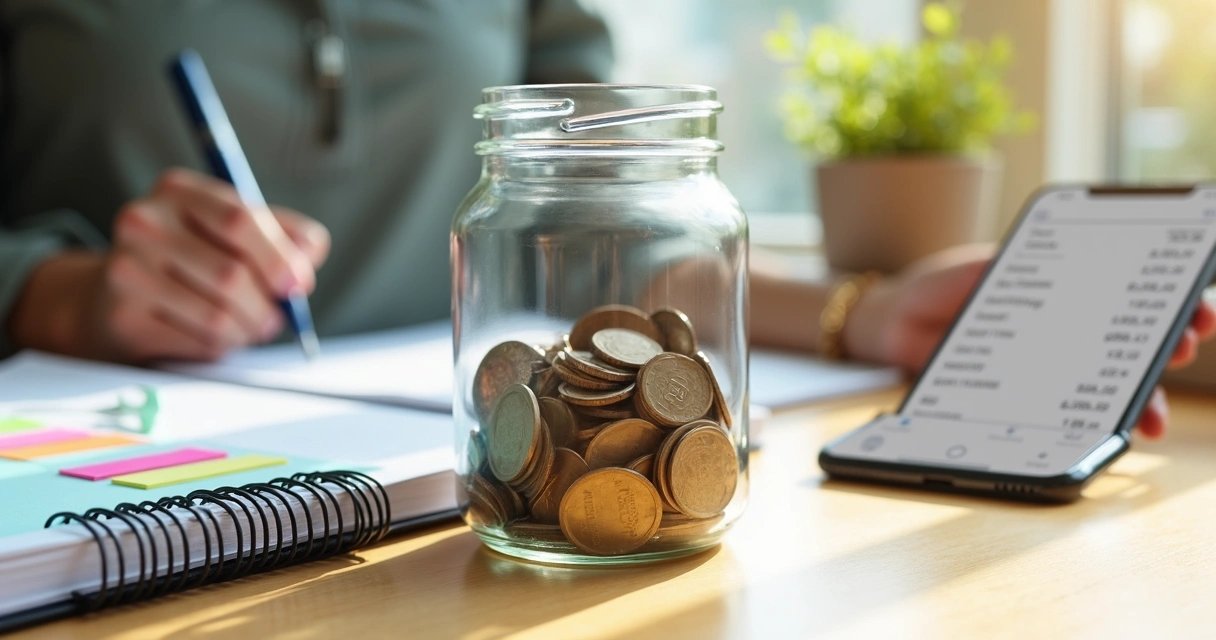 Pote de vidro com moedas ao lado de papel com orçamento 
