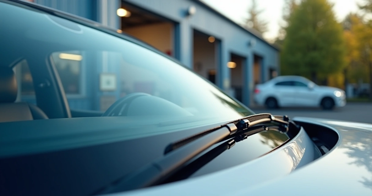 Close-up de um para-brisa automotivo com detalhes do vidro limpo e superfície refletiva 