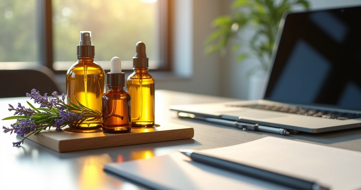 Frascos de óleos aromáticos sobre uma mesa de reunião