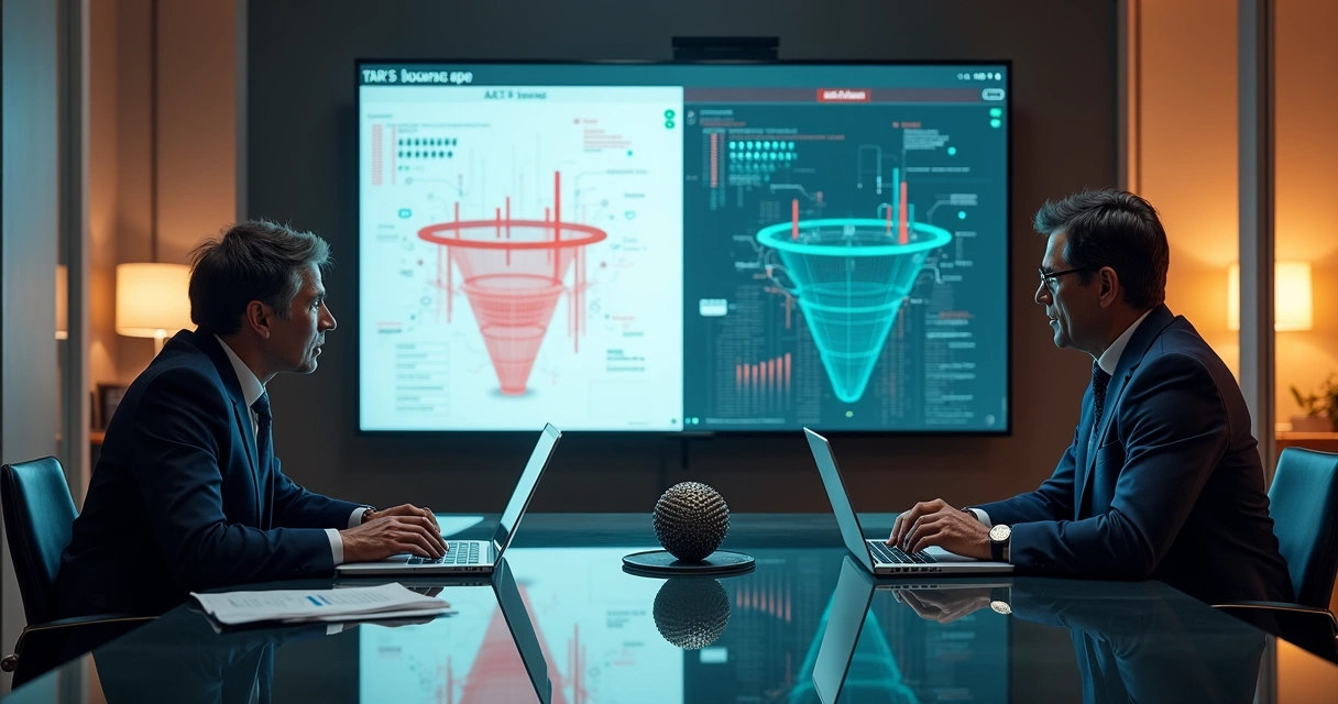 Executivos analisando painel de IA com dados equilibrados e desbalanceados 