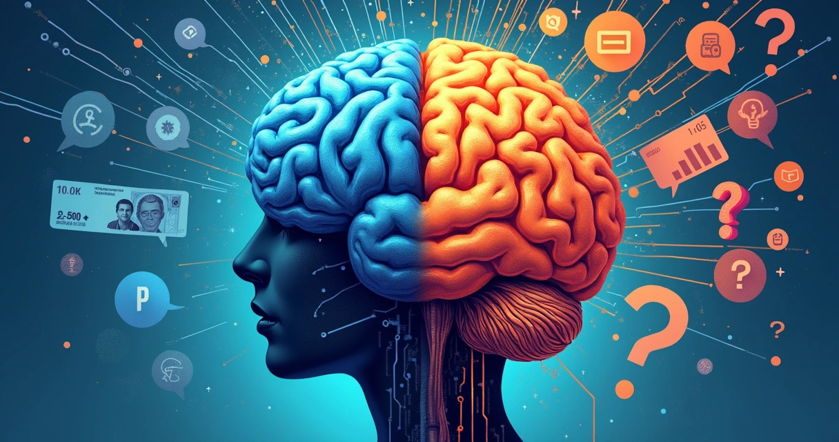 Ilustração de um cérebro humano cercado por símbolos de dúvidas e certezas 