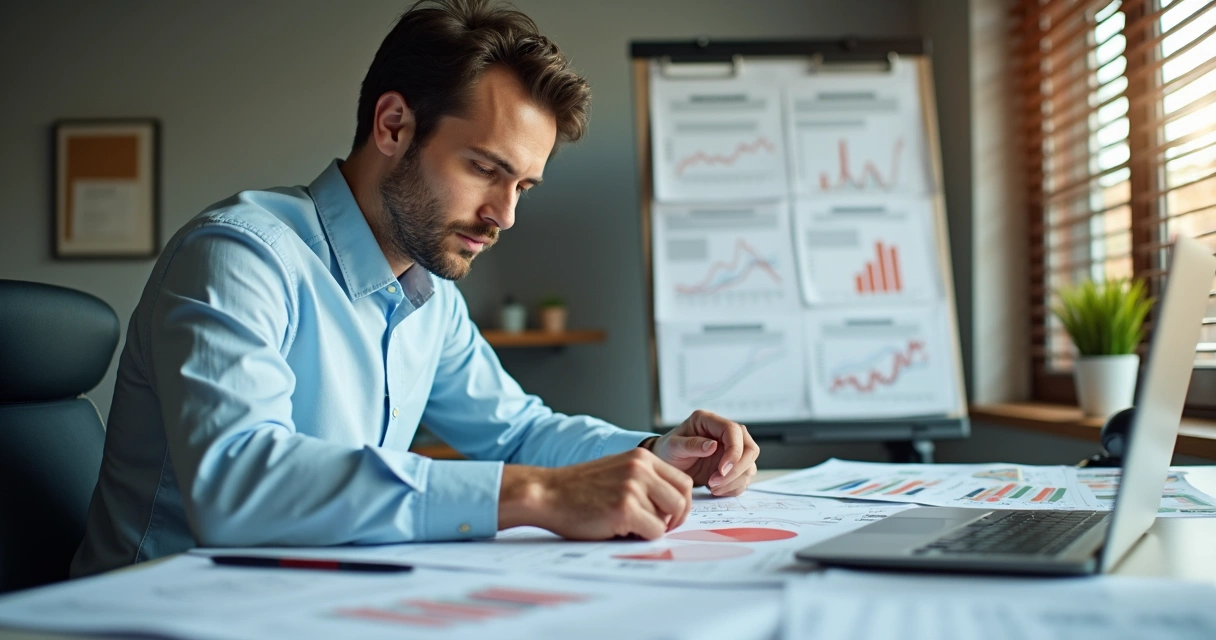 Pessoa analisando gráficos financeiros mostrando resultados divergentes 