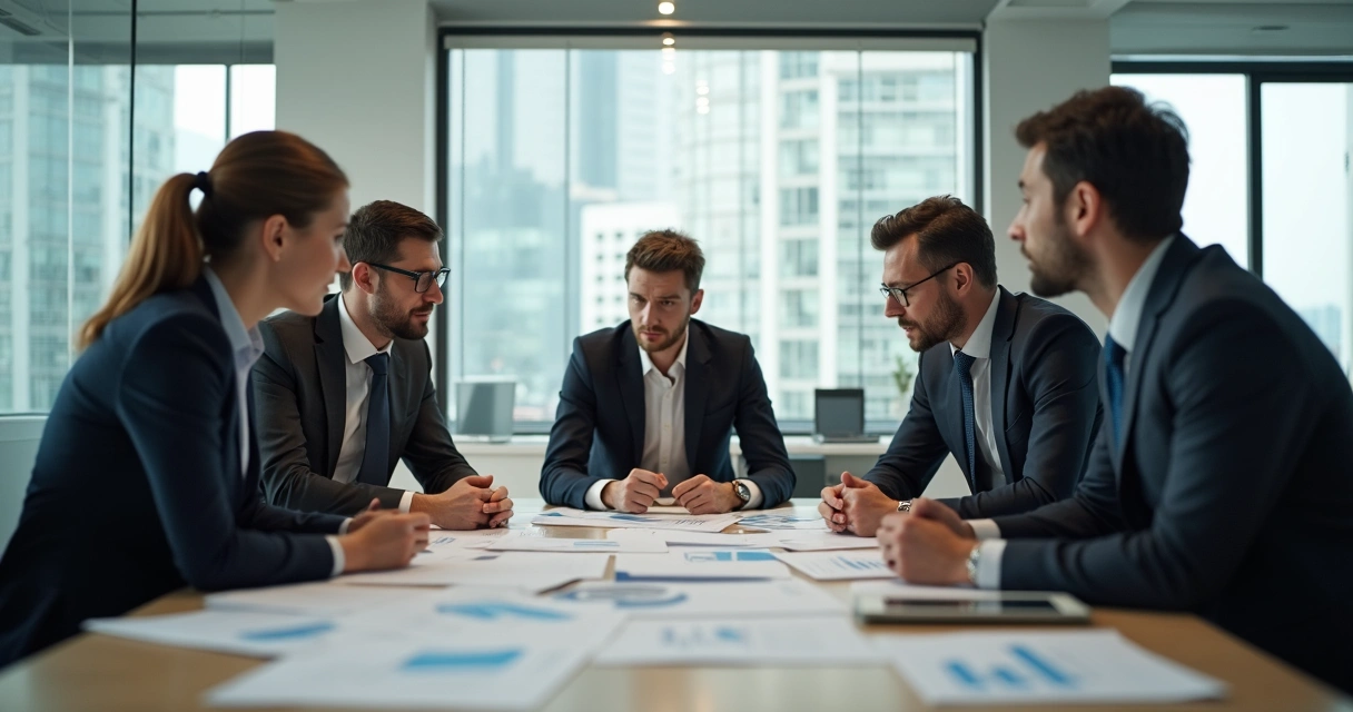 Pessoas em reunião analisando dados em papéis na mesa, algumas concordando, outras discordando 
