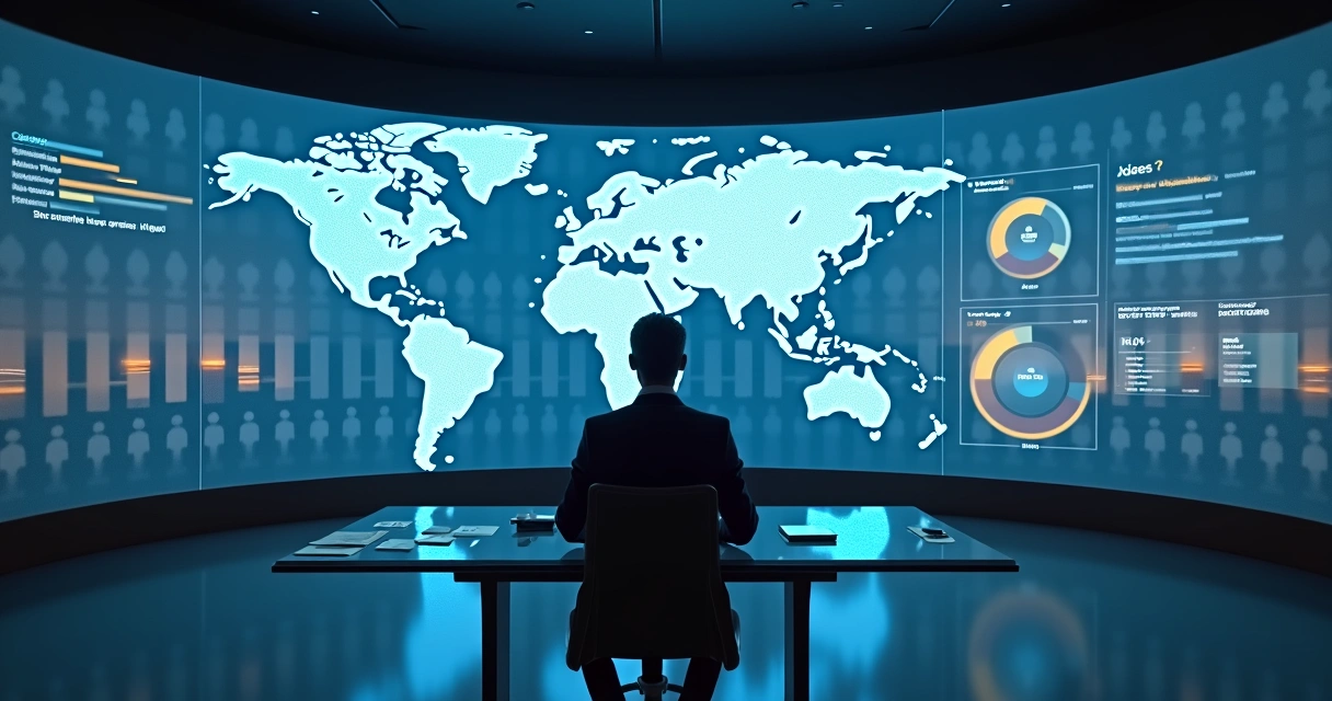 Avaliador observa painel digital global com silhuetas destacando vieses invisíveis 